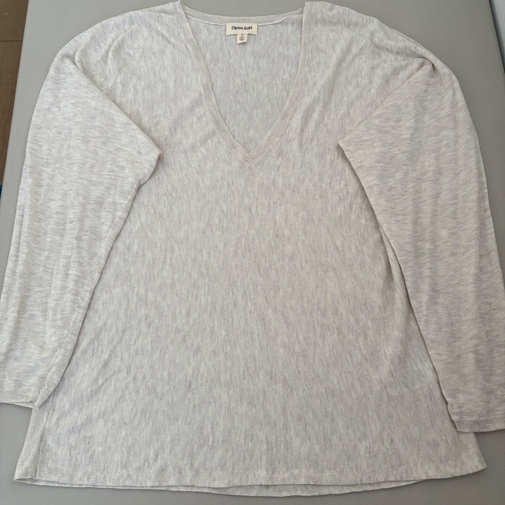 Open Edit Women's XL V-Neck Long Sleeve Lightweight Knit Sweater Beige